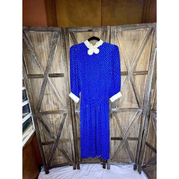 Vintage Blue Dress Polka Dots Peter Pan Collar Whimsical Rare Find - Picture 1 of 16